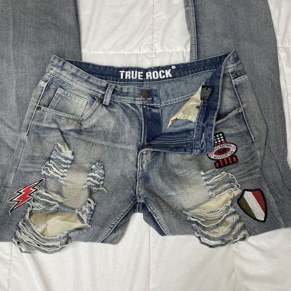 Mens True Rock Jeans Distressed Thrashed Patches Tag Size 34 Light Stone Wash - Picture 6 of 12